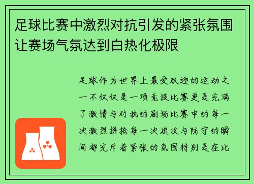 足球比赛中激烈对抗引发的紧张氛围让赛场气氛达到白热化极限